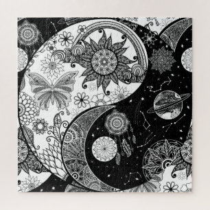Quebra-cabeça Creative Black White Yin Yang Night Day Mandala