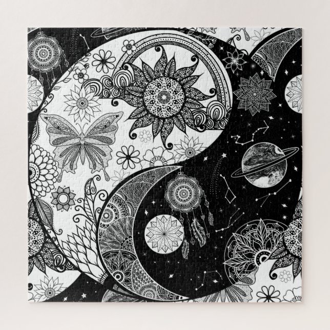 Quebra-cabeça Creative Black White Yin Yang Night Day Mandala (Vertical)