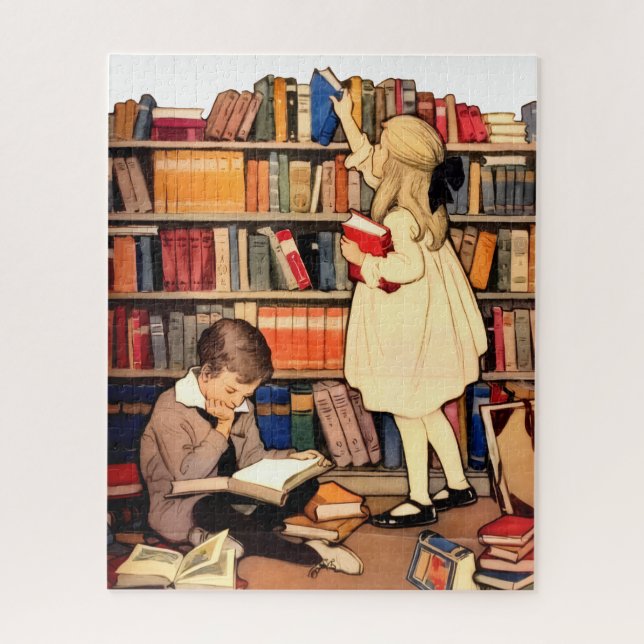 Quebra-cabeça Crianças Antigas Lendo Livros da Biblioteca (Vertical)