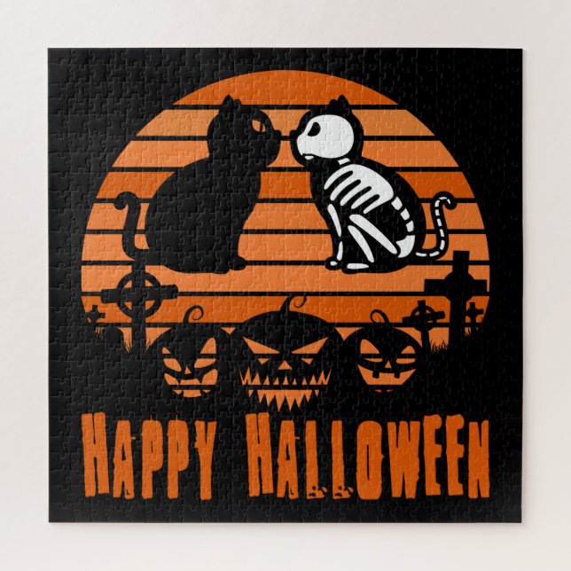 Quebra-cabeça Crianças Feliz Halloween Skeleton Cat Retro Sunset (Vertical)