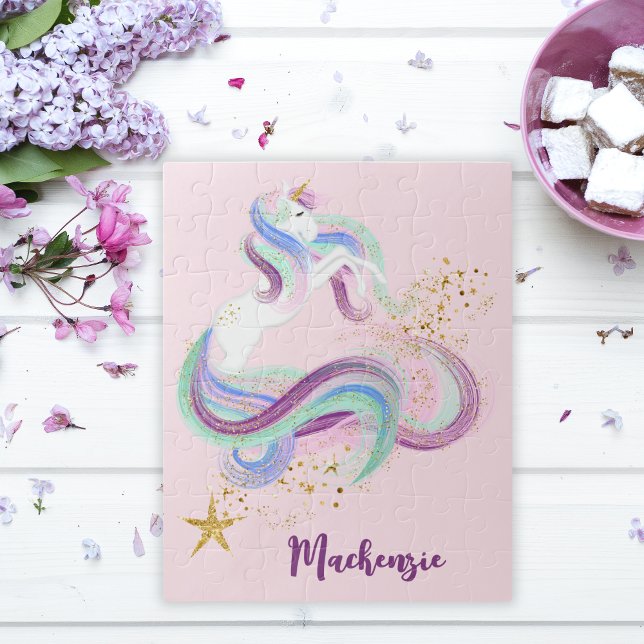 Quebra-cabeça Crianças Personalizadas do Unicórnio Floral bonito (Pretty Floral Unicorn Personalized Kids Jigsaw Puzzle)