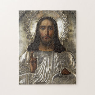 Quebra-cabeça Cristo Pantocrator Silver Oklad Riza Ícone Russo