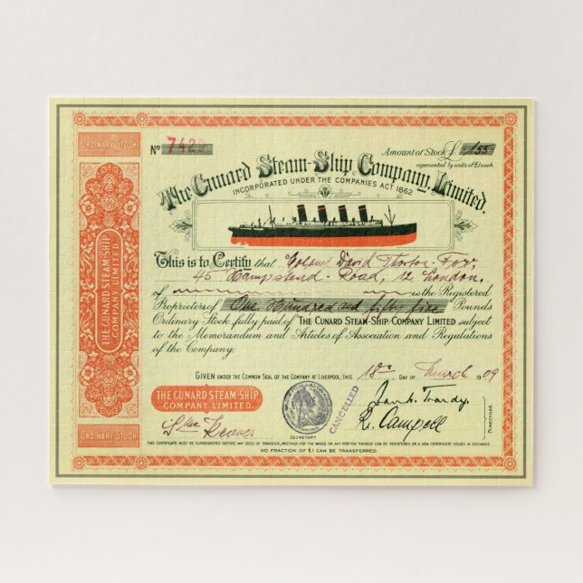 Quebra-cabeça Cunard Steam-Ship Company 1909 — Certificado de Ex (Horizontal)