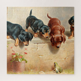 Quebra-cabeça Curioso Dachshund Puppies e um Sapo, pintura