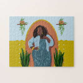 Quebra-cabeça Curva, Mulher Negra, Plantas Domésticas, Amarelo e