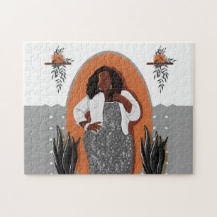 Quebra-cabeça Curva, Mulher Negra, Plantas Domésticas, Laranja 