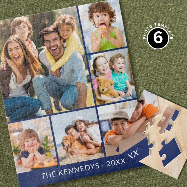 Quebra-cabeça Custom 6 Photo Collage Family Name Minimalist Blue (Criador carregado)