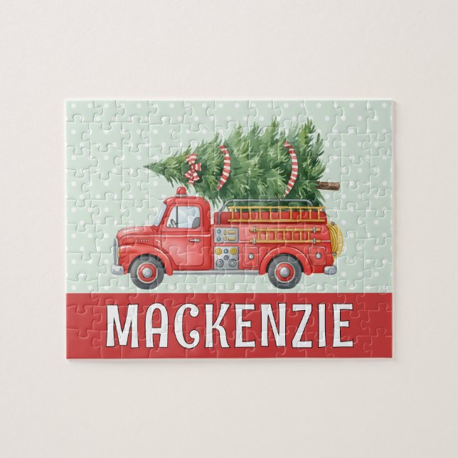 Quebra-cabeça Custom Red Fire Christmas Tree Truck Firefighter  (Horizontal)
