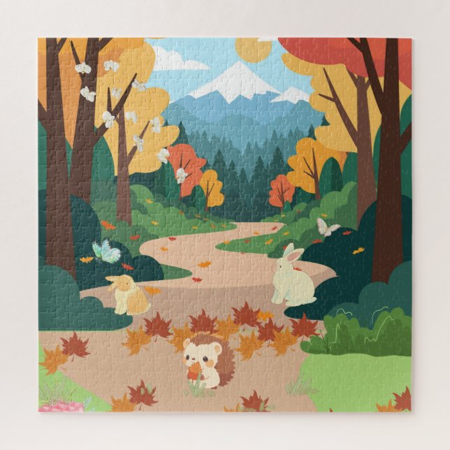 Quebra-cabeça Cute Autumn Forest Animals Cozy Landscape Art Post (Vertical)