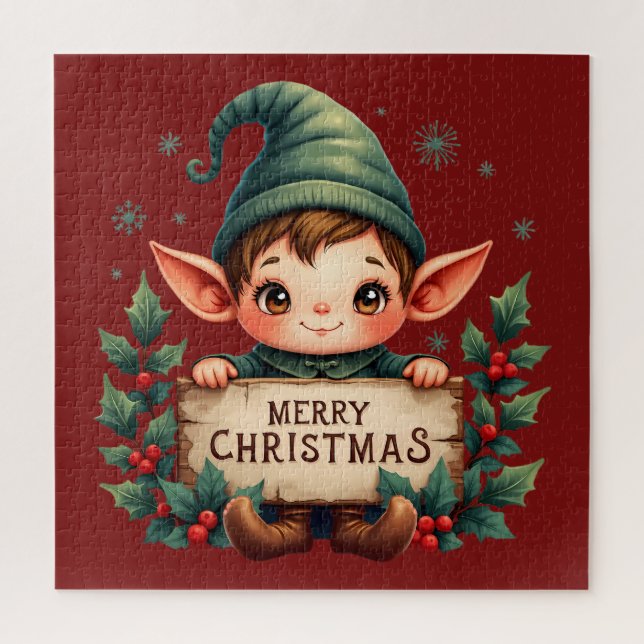 Quebra-cabeça Cute Christmas Elf Holding Merry Sign Red (Vertical)