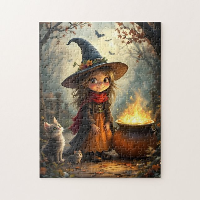 Quebra-cabeça Cute little witch in forest with witch's cauldron (Vertical)