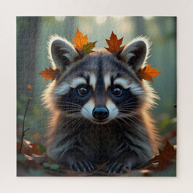 Quebra-cabeça Cute Raccoon em Folhas de Queda (Vertical)