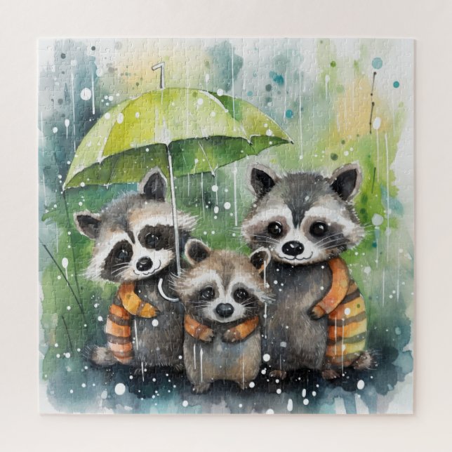 Quebra-cabeça Cute Raccoons in the Rain (Vertical)