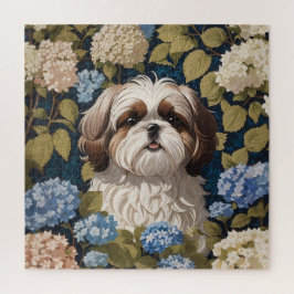 Quebra-cabeça Cute Shih Tzu Puppy Blue hydrangea flores