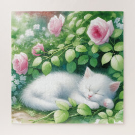 Quebra-cabeça Cute White Kitten Napoleado Sob Rosebush