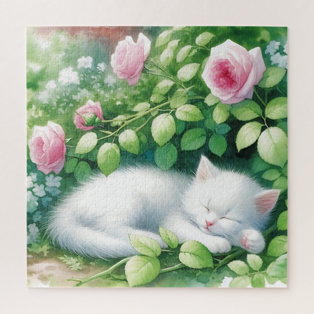 Quebra-cabeça Cute White Kitten Napoleado Sob Rosebush (Vertical)