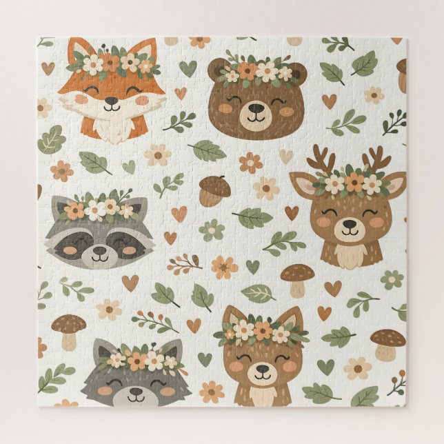 Quebra-cabeça Cute Woodland Animals Floral Pattern (Vertical)