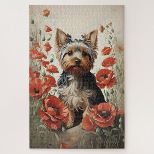 Quebra-cabeça Cute Yorkshire Terrier Botanical Red Poppies