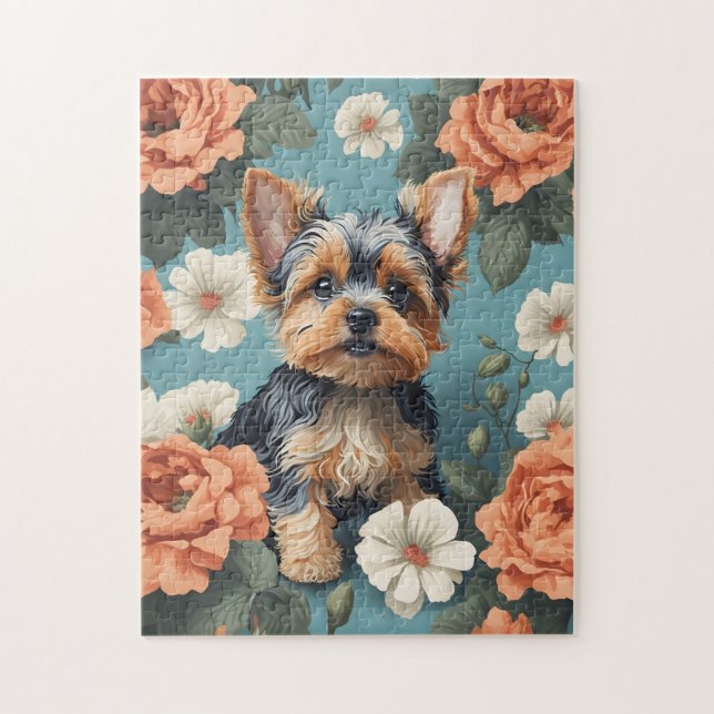 Quebra-cabeça Cute Yorkshire Terrier Puppy Floral (Vertical)