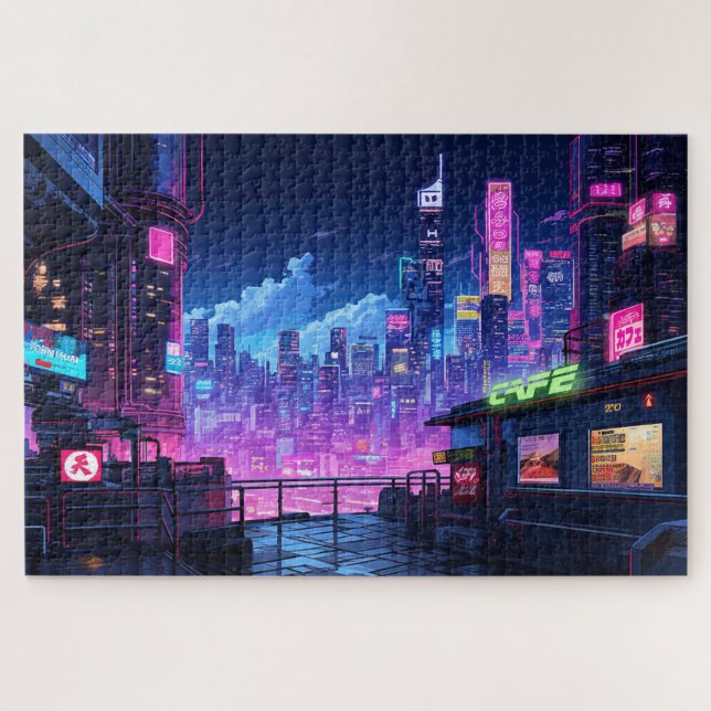 Quebra-cabeça Cyberpunk City Night Café (Horizontal)