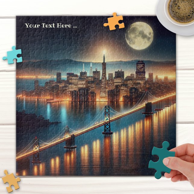 Quebra-cabeça da Noite de São Francisco Fantasy (Puzzle featuring a painting of a fantasy scene inspired by San Francisco, with a full moon at night)