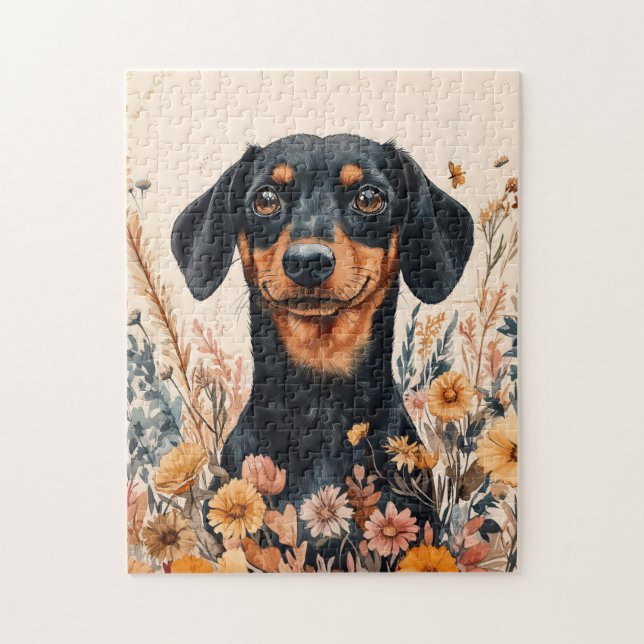 Quebra-cabeça Dachshund Bonito com Pintura de Flores Selvagens (Vertical)