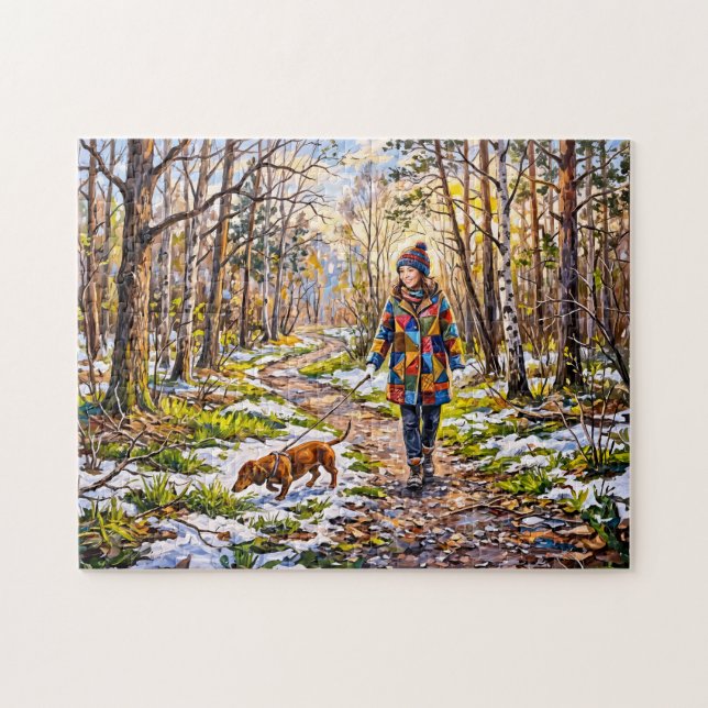 Quebra-cabeça Dachshund caminhando ao longo de uma trilha flores (Horizontal)