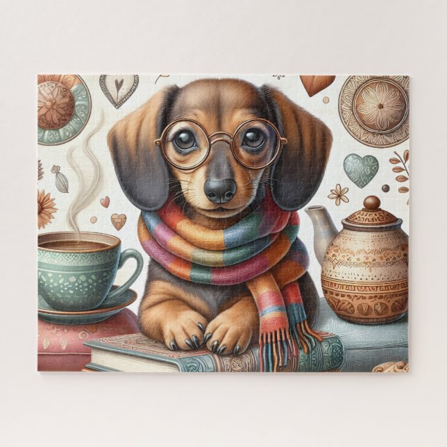 Quebra-cabeça Dachshund Com Café (Horizontal)