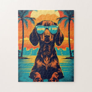 Quebra-cabeça Dachshund com óculos escuros numa praia tropical