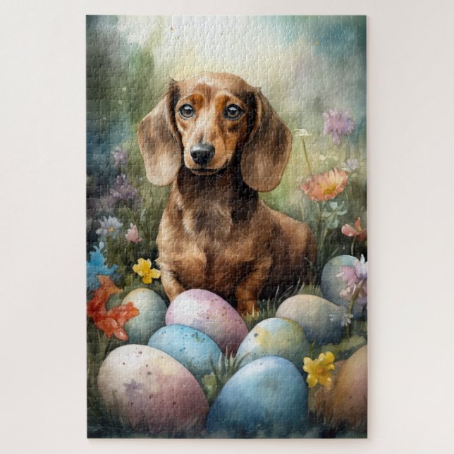 Quebra-cabeça Dachshund com Ovos de Páscoa (Vertical)