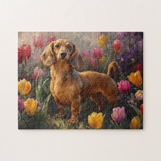 Quebra-cabeça Dachshund com pintura de Tulipas de Primavera (Horizontal)