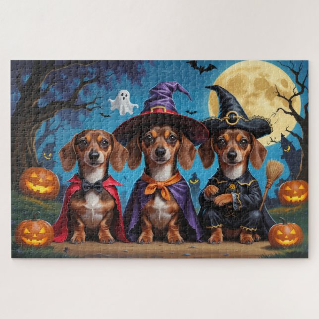 Quebra-cabeça Dachshund Dogs Pumpkin Halloween Engraçado (Horizontal)