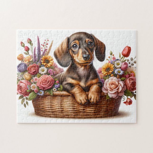 Quebra-cabeça Dachshund Entre Flores (Horizontal)