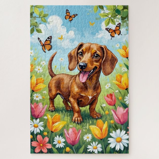 Quebra-cabeça Dachshund Flores da Primavera Cachorro Fofo (Vertical)