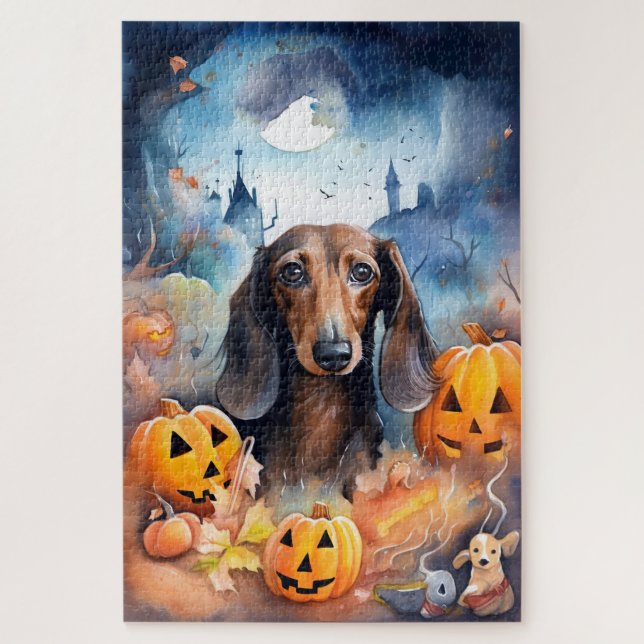Quebra-cabeça Dachshund Halloween com Abóboras Assustador (Vertical)