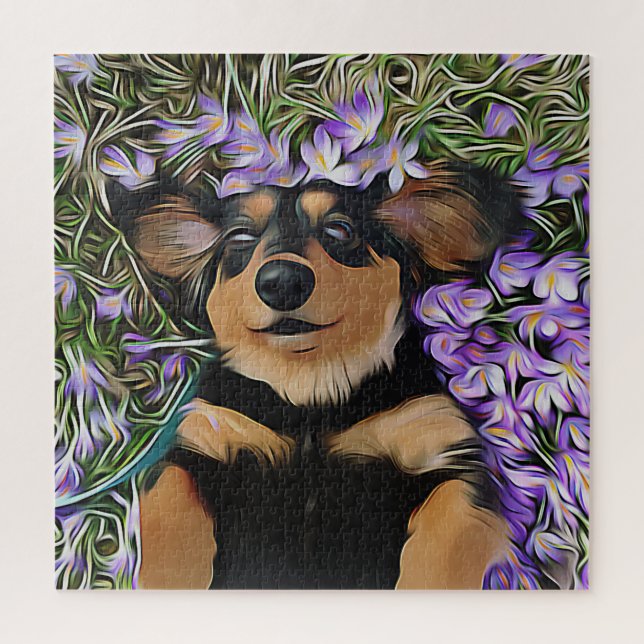 Quebra-cabeça Dachshund Lay Em Flores Roxas (Vertical)