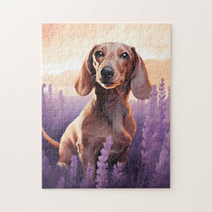 Quebra-cabeça Dachshund no campo da Lavanda