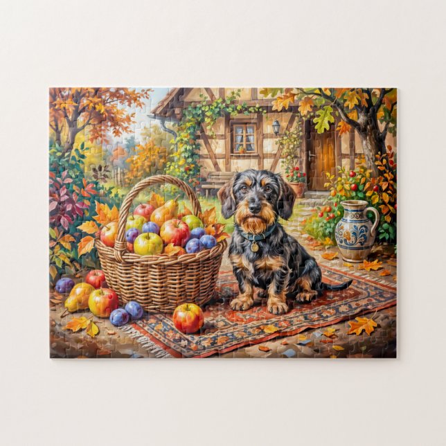 Quebra-cabeça Dachshund Sentado ao Lado da Cesta de Frutas Fazen (Horizontal)