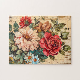 Quebra-cabeça Dahlias and Roses on Cracked Wooden Wall