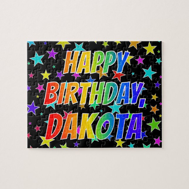 Quebra-cabeça "DAKOTA" Primeiro Nome, Diversão "FELIZ ANIVERSÁRI (Horizontal)