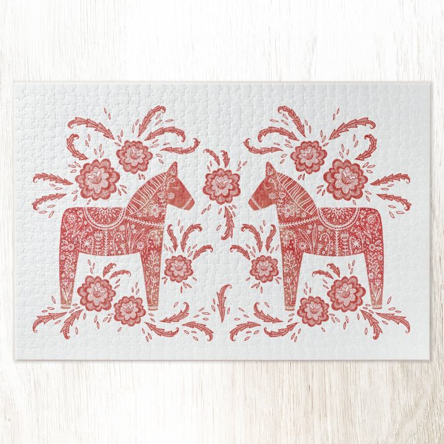 Quebra-cabeça Dala Horse Red e White Suecos (Beautiful red and white Swedish Dala Horse folk art design jigsaw puzzle)