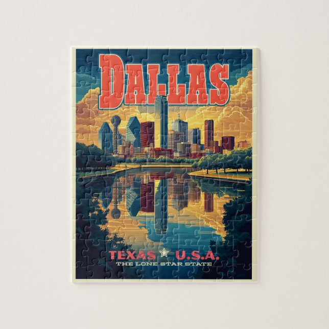 Quebra-cabeça Dallas Skyline Retro Viagem (Vertical)
