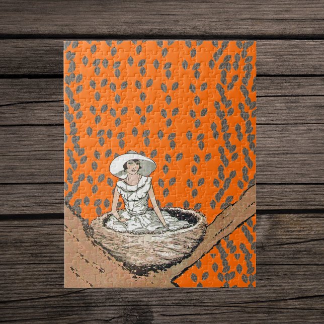Quebra-cabeça Dama Antiga em Folhas de Ninho de Pássaro Branco (Lady in all white sitting in bird nest with eggs in tree on orange with brown leaves jigsaw puzzle.)
