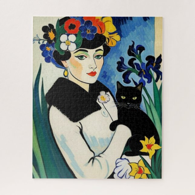 Quebra-cabeça Dama com Gato Preto (Vertical)