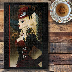 Quebra-cabeça Dama Elegante Relógio Vermelho Steampunk Vitoriano