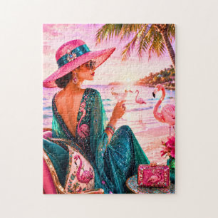 Quebra-cabeça Dama Glam Chic em Praia Tropical com Tema de Flami
