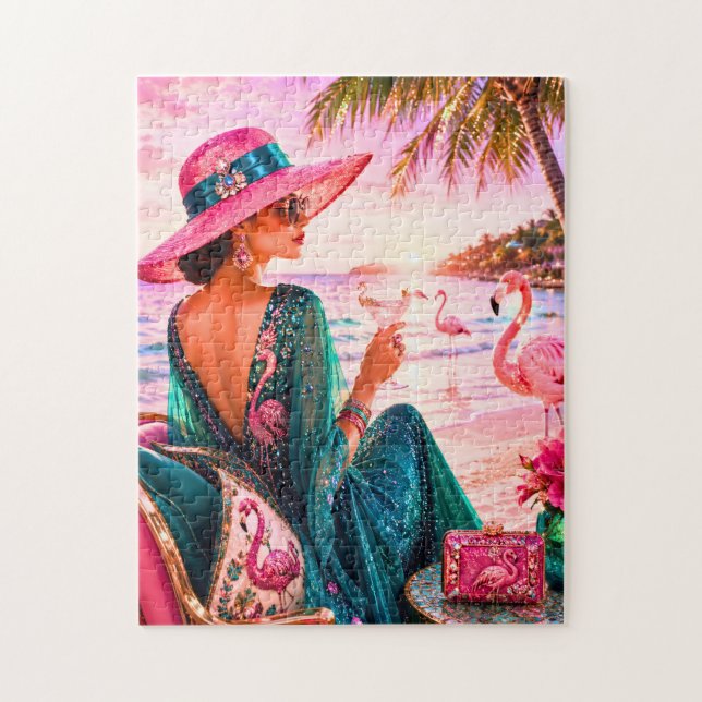 Quebra-cabeça Dama Glam Chic em Praia Tropical com Tema de Flami (Vertical)