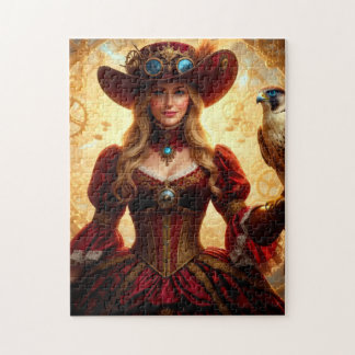 Quebra-cabeça Dama Steampunk Viajante no Tempo com Falcão