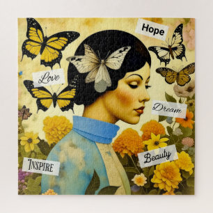 Quebra-cabeça Dama Vintage, Borboletas, Flores e Inspirando