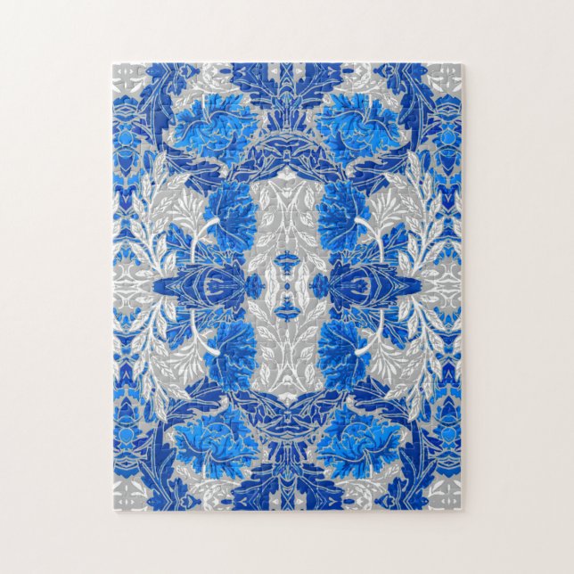 Quebra-cabeça Damasco Floral, Azul Sapphire e Cinzas (Vertical)